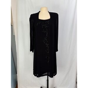Marisa Minicucci Vintage Black Beaded Sheer Sleeve Sheath Dress, sz 14 NWT